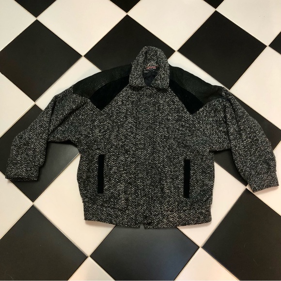 Vintage 80s New York Girl Boucle Bomber Jacket Black Speckled Coat Shoulderpads - Picture 1 of 13